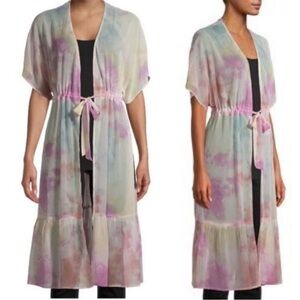 No Boundaries Tie Dye Pastel Kimono Waist Tie Angel Sleeve Light Bohemian Shall